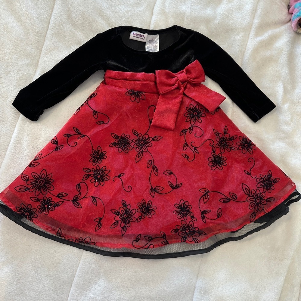 Blueberry Boulevard Red Black Velvet Flower Dress‎ Toddler Girl 18M